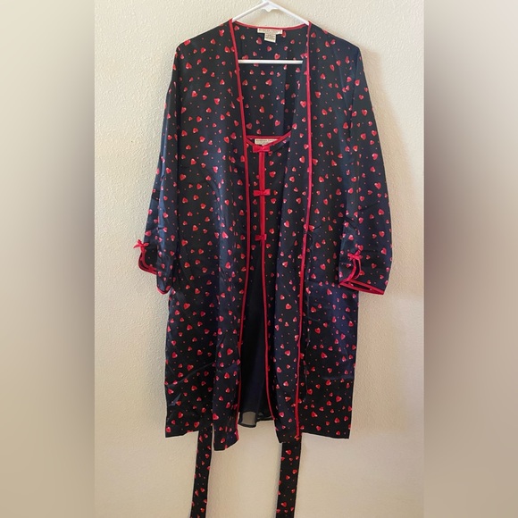 Morgan Taylor Intimates Black Red Heart Satin Slip Dress Nightgown & Robe Size M
